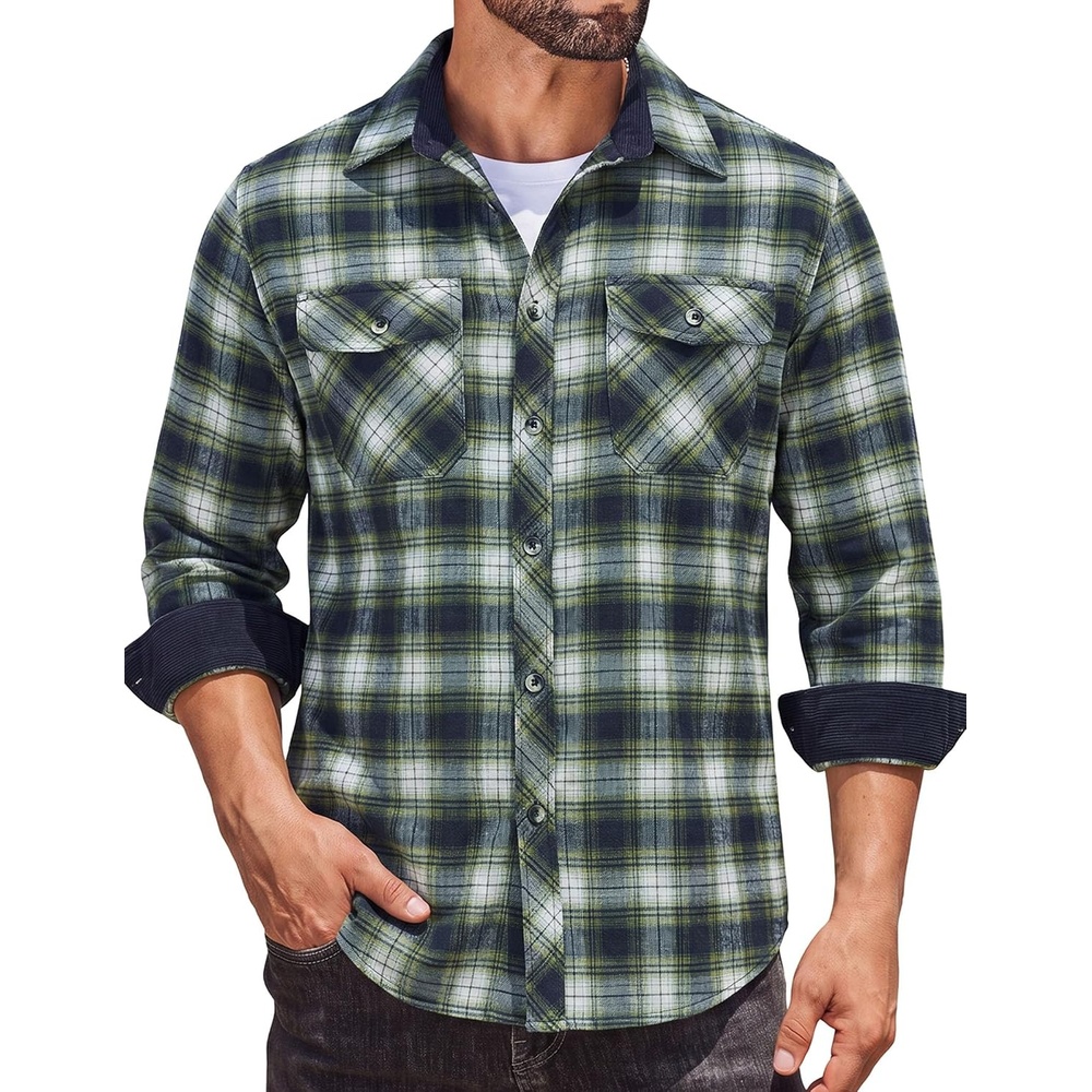 image:imageCOOFANDY Mens Lightweight Flannel Long Sleeve Casual Work Plaid ShirtsPlaidgreen  Navy  Beige