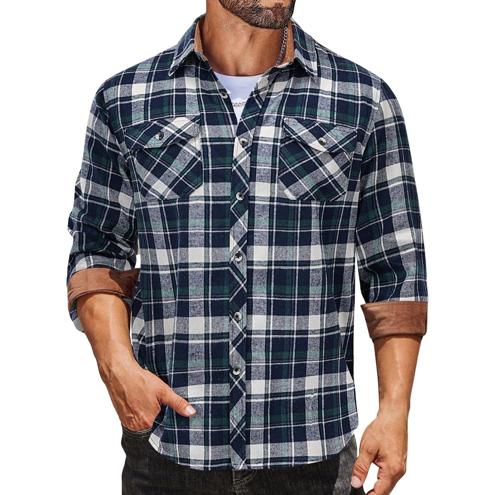 image:imageCOOFANDY Mens Lightweight Flannel Long Sleeve Casual Work Plaid ShirtsPlaidgreygreennavy