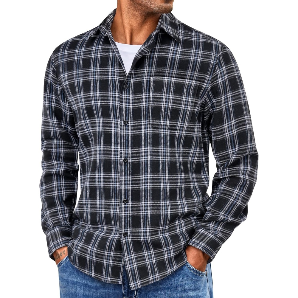image:imageCOOFANDY Mens Lightweight Flannel Shirt Long Sleeve Plaid Shirt with PocketNavy Blue