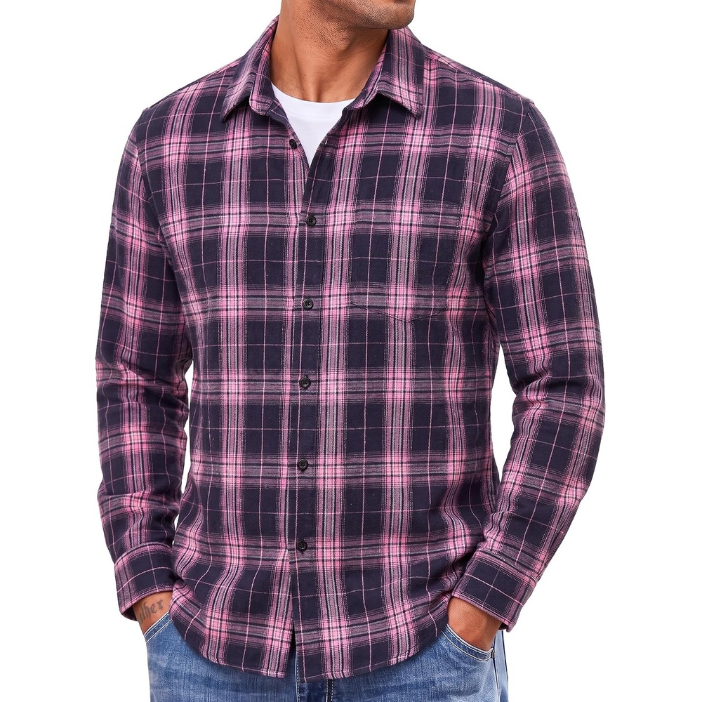 image:imageCOOFANDY Mens Lightweight Flannel Shirt Long Sleeve Plaid Shirt with PocketPink