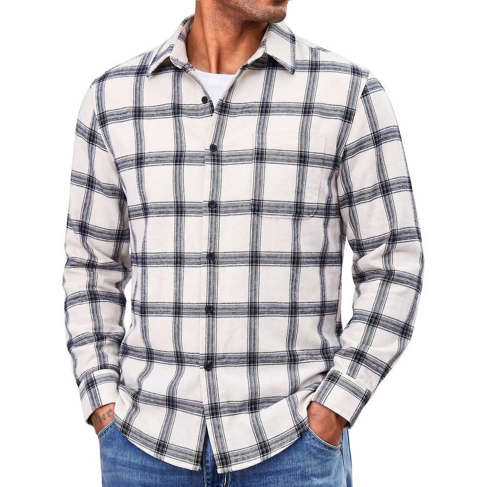 image:imageCOOFANDY Mens Lightweight Flannel Shirt Long Sleeve Plaid Shirt with PocketWhite