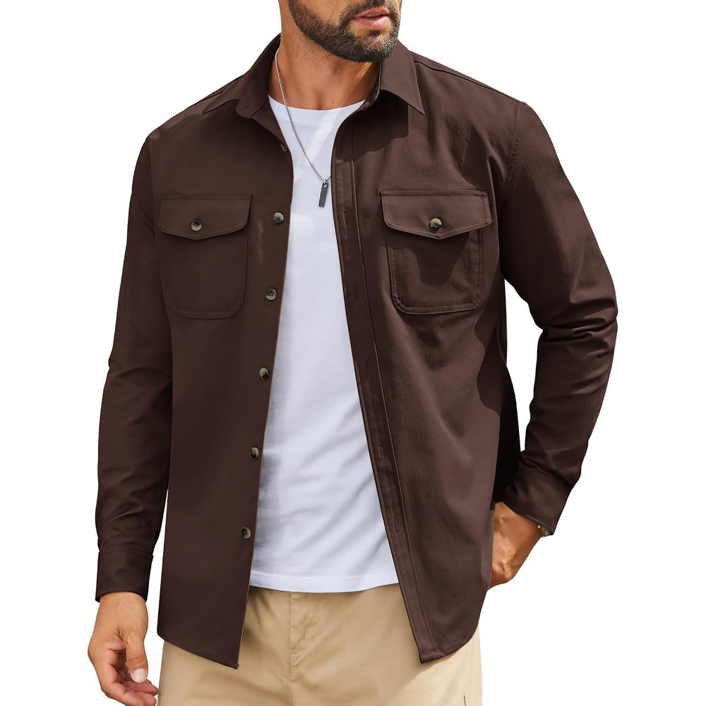 image:imageCOOFANDY Mens Long Sleeve Button Down Work Shirt with Flap PocketsBrown