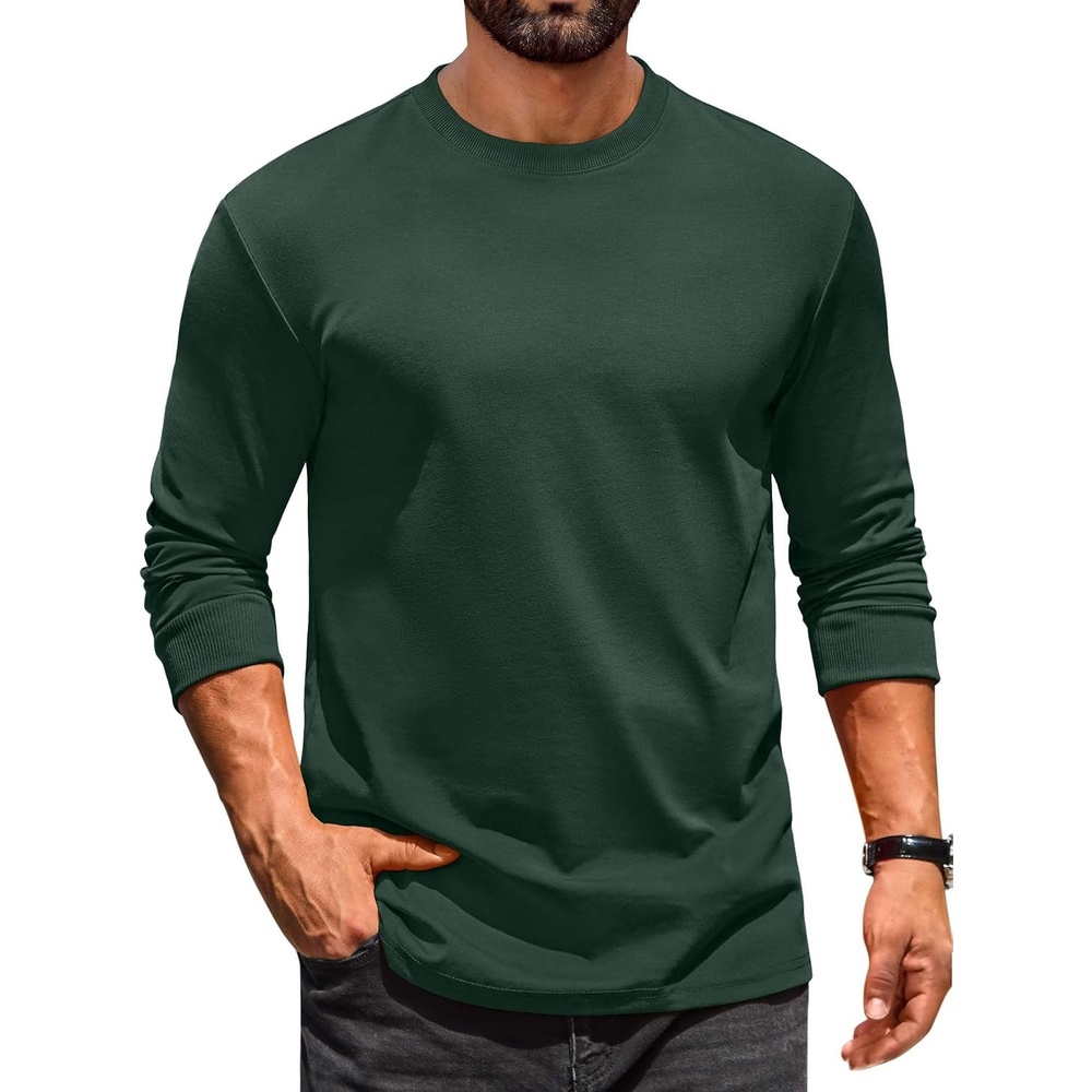 image:imageCOOFANDY Mens Long Sleeve T Shirt Heavyweight Crew Neck TShirt Premium Cotton TeeDark Green
