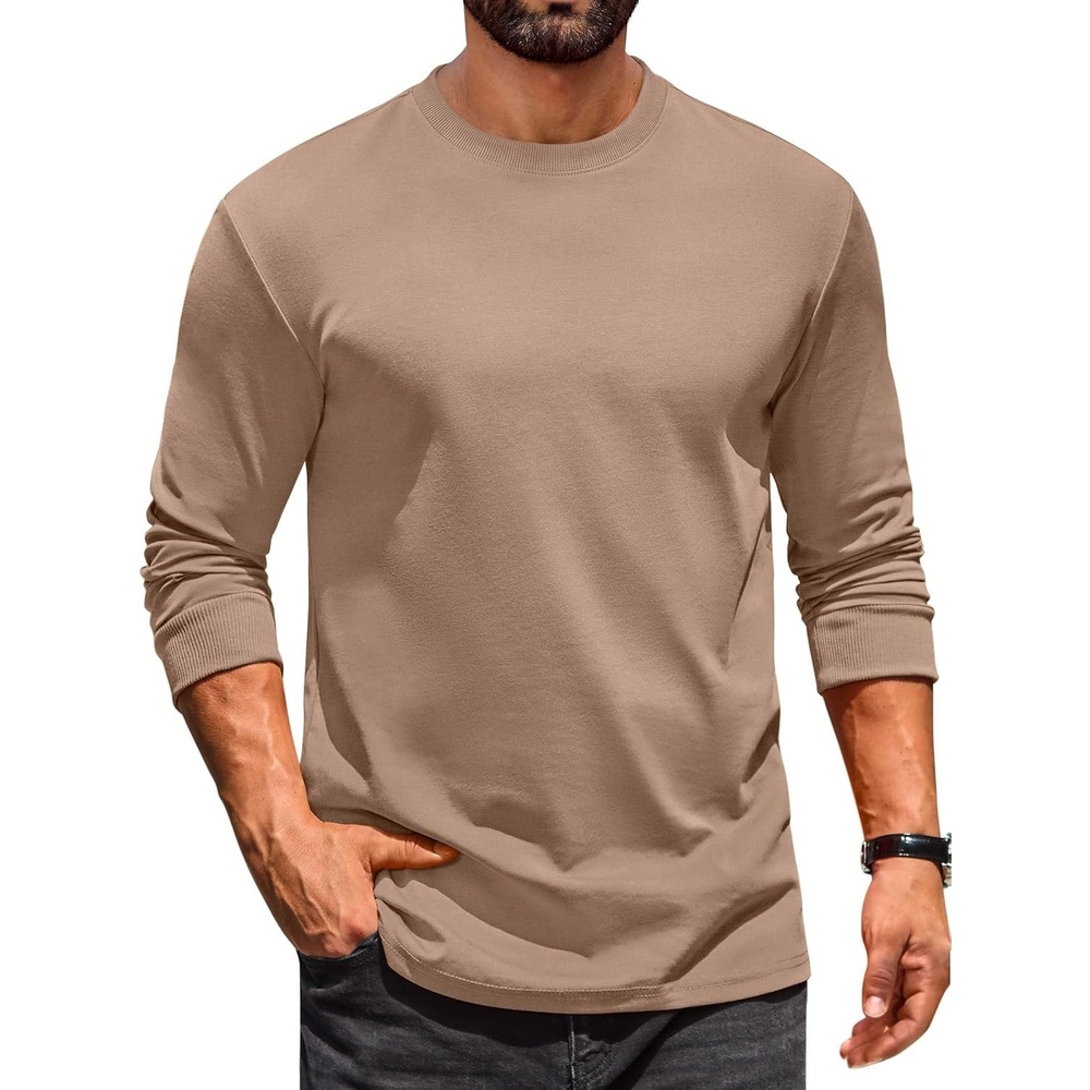 image:imageCOOFANDY Mens Long Sleeve T Shirt Heavyweight Crew Neck TShirt Premium Cotton TeeKhaki