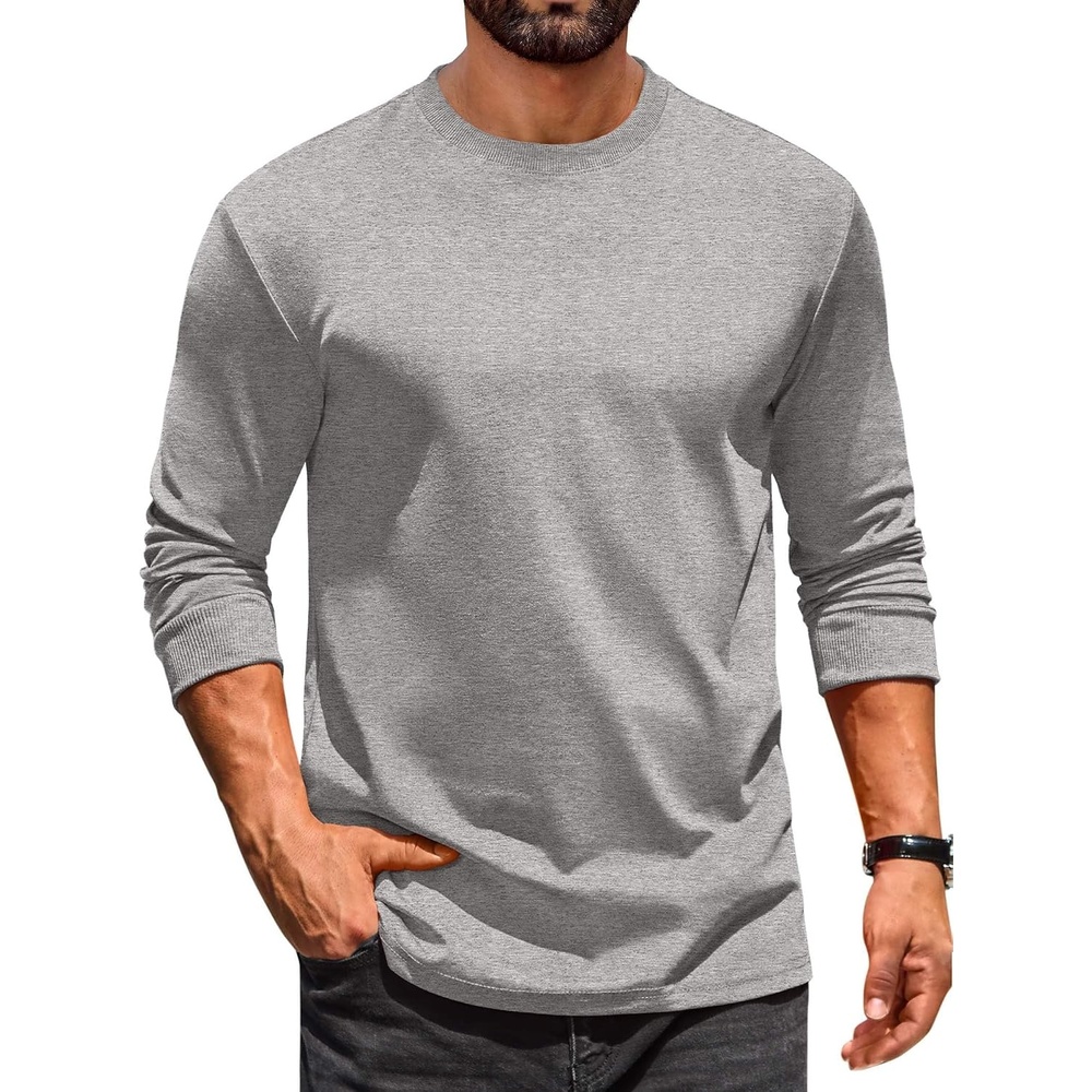 image:imageCOOFANDY Mens Long Sleeve T Shirt Heavyweight Crew Neck TShirt Premium Cotton TeeLight Heather