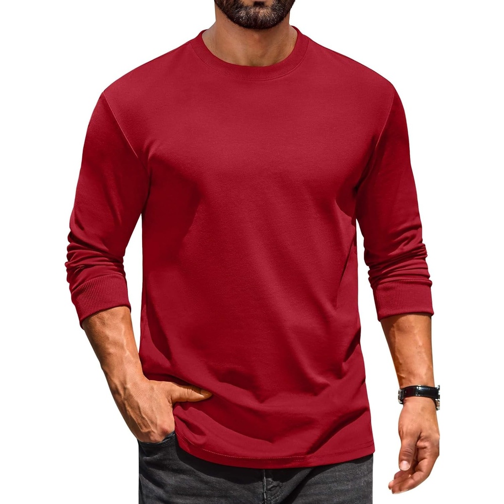 image:imageCOOFANDY Mens Long Sleeve T Shirt Heavyweight Crew Neck TShirt Premium Cotton TeeRed