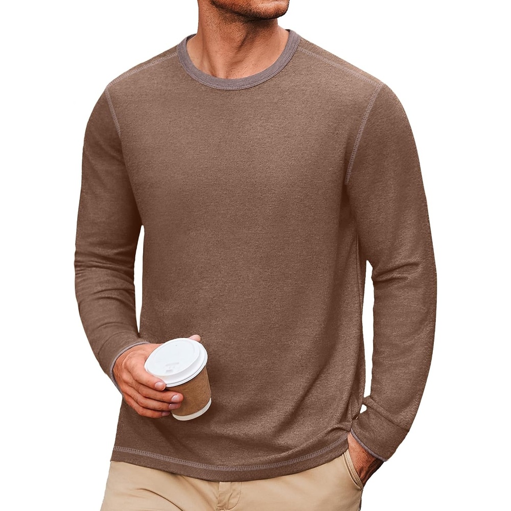 image:imageCOOFANDY Mens Long Sleeve T Shirts Cotton Crew Neck Heavyweight Tee Shirts Color Block Casual Pullover ShirtBrown