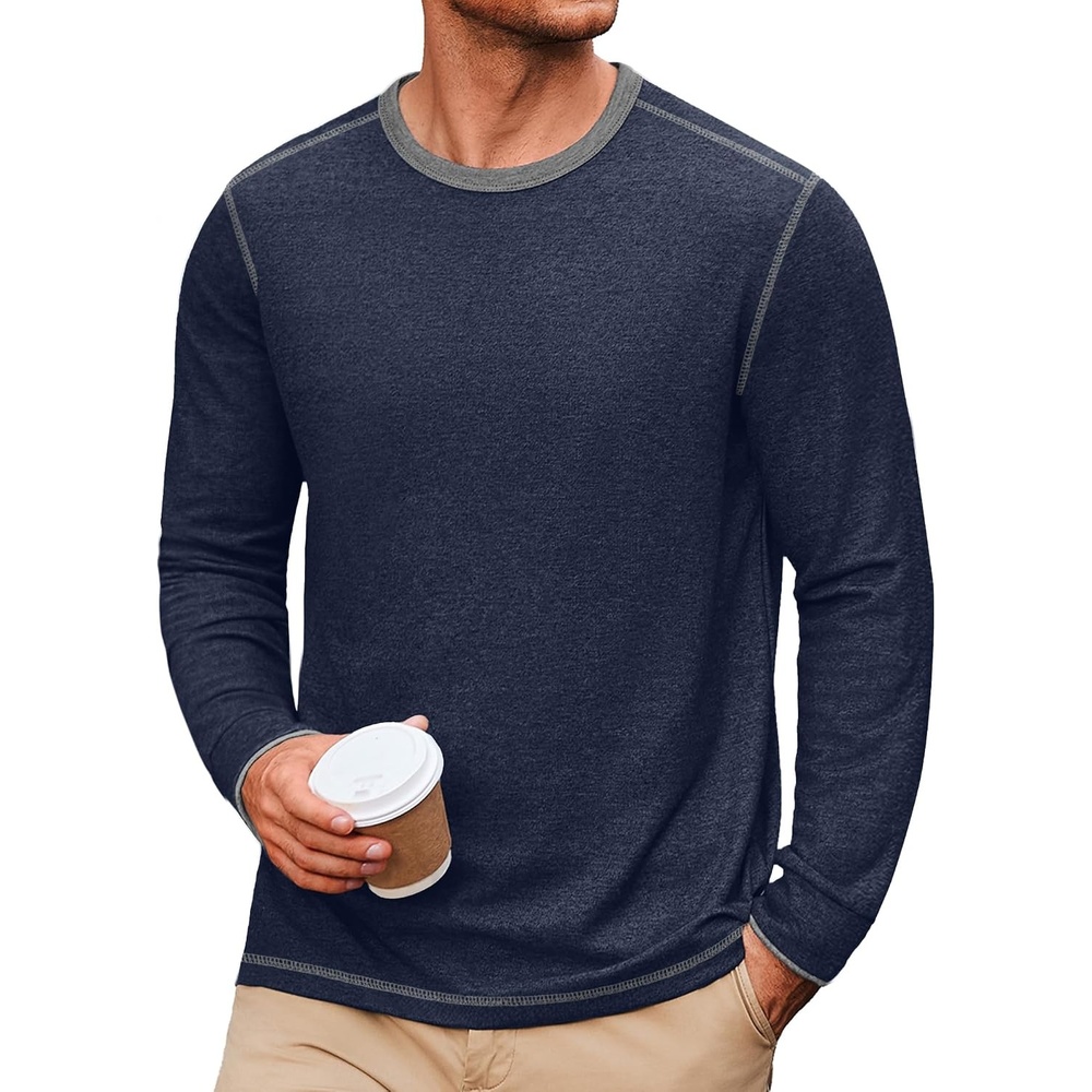 image:imageCOOFANDY Mens Long Sleeve T Shirts Cotton Crew Neck Heavyweight Tee Shirts Color Block Casual Pullover ShirtDark Blue