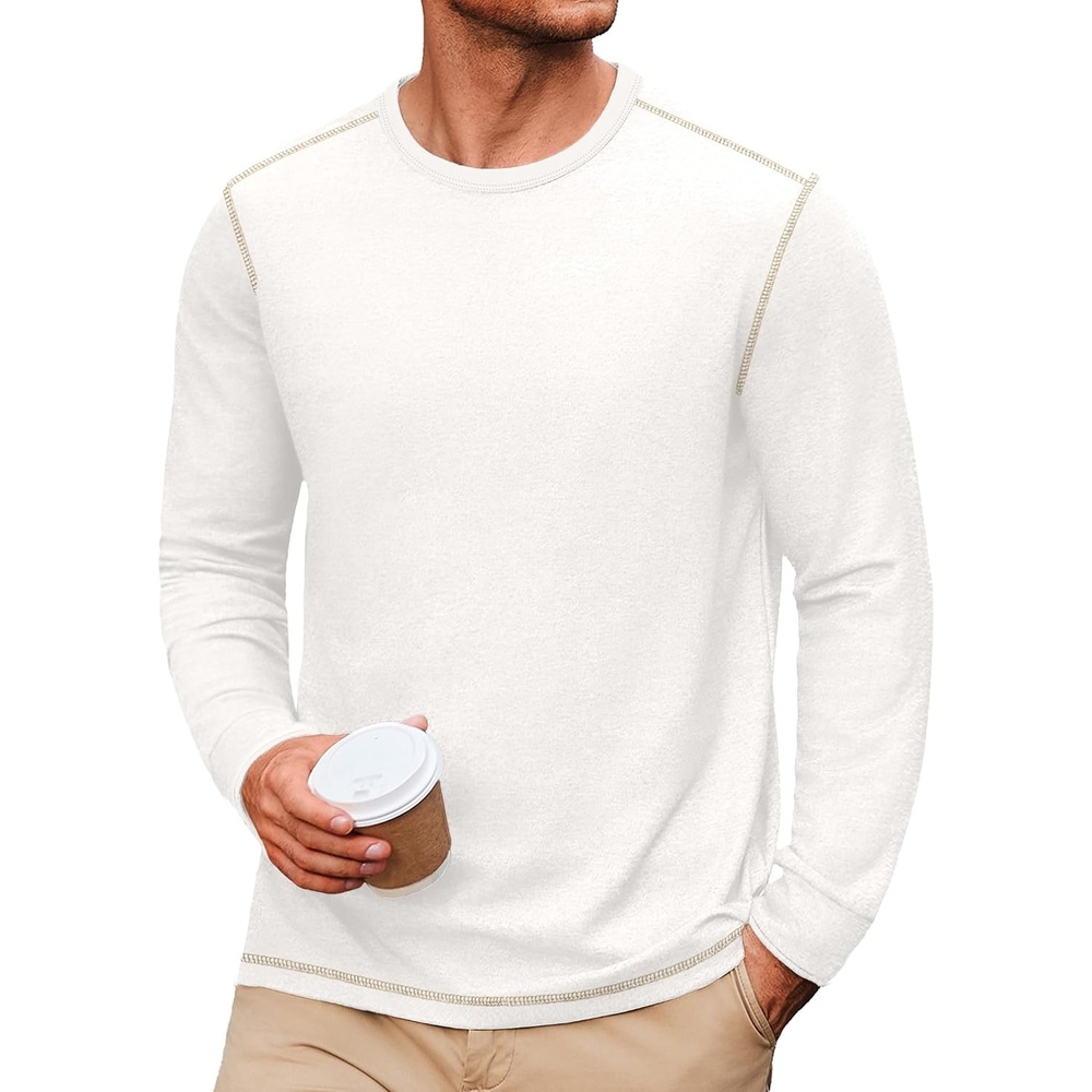 image:imageCOOFANDY Mens Long Sleeve T Shirts Cotton Crew Neck Heavyweight Tee Shirts Color Block Casual Pullover ShirtWhite