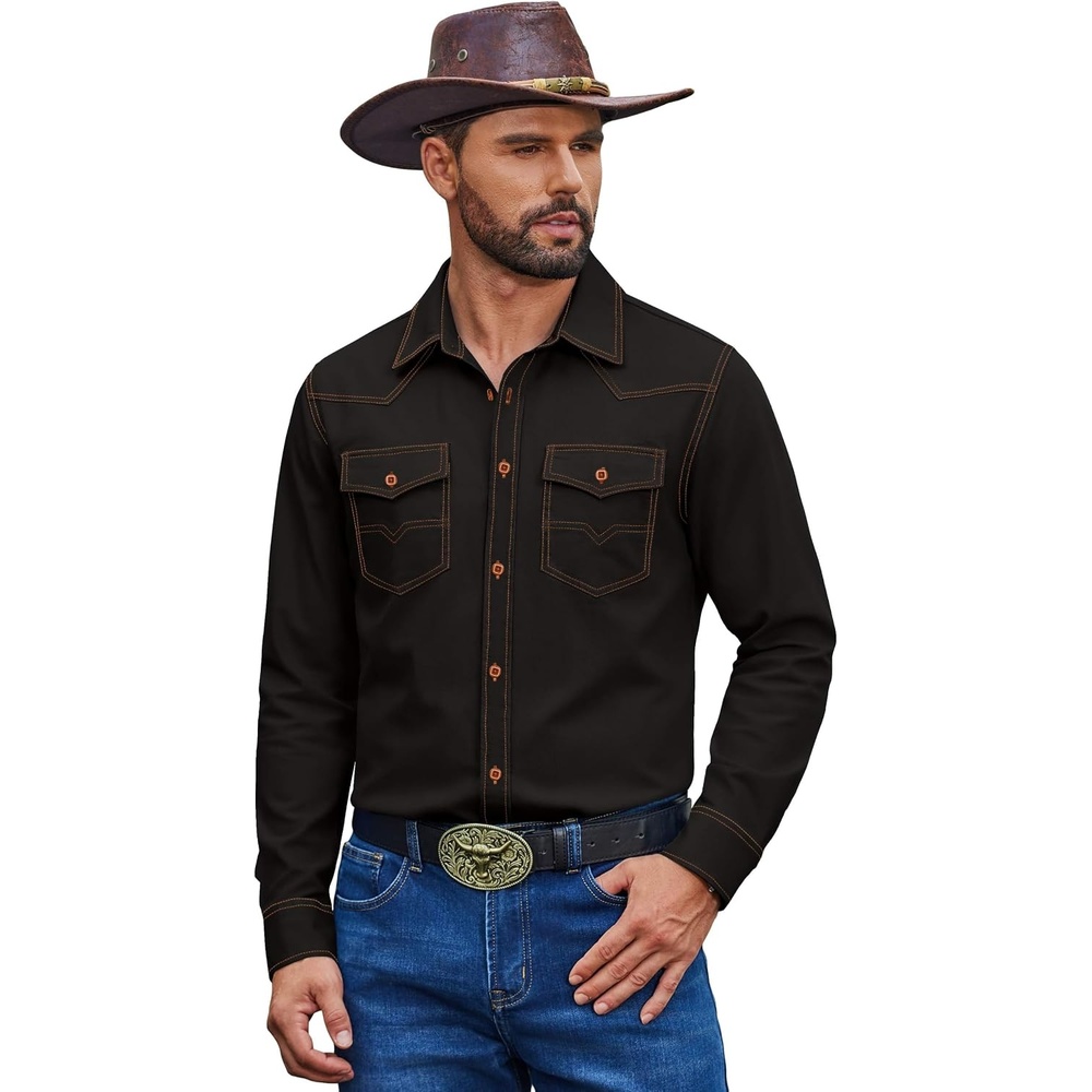 image:imageCOOFANDY Mens Long Sleeve Western Shirt Cowboy Denim Shirt with Two PocketBlack