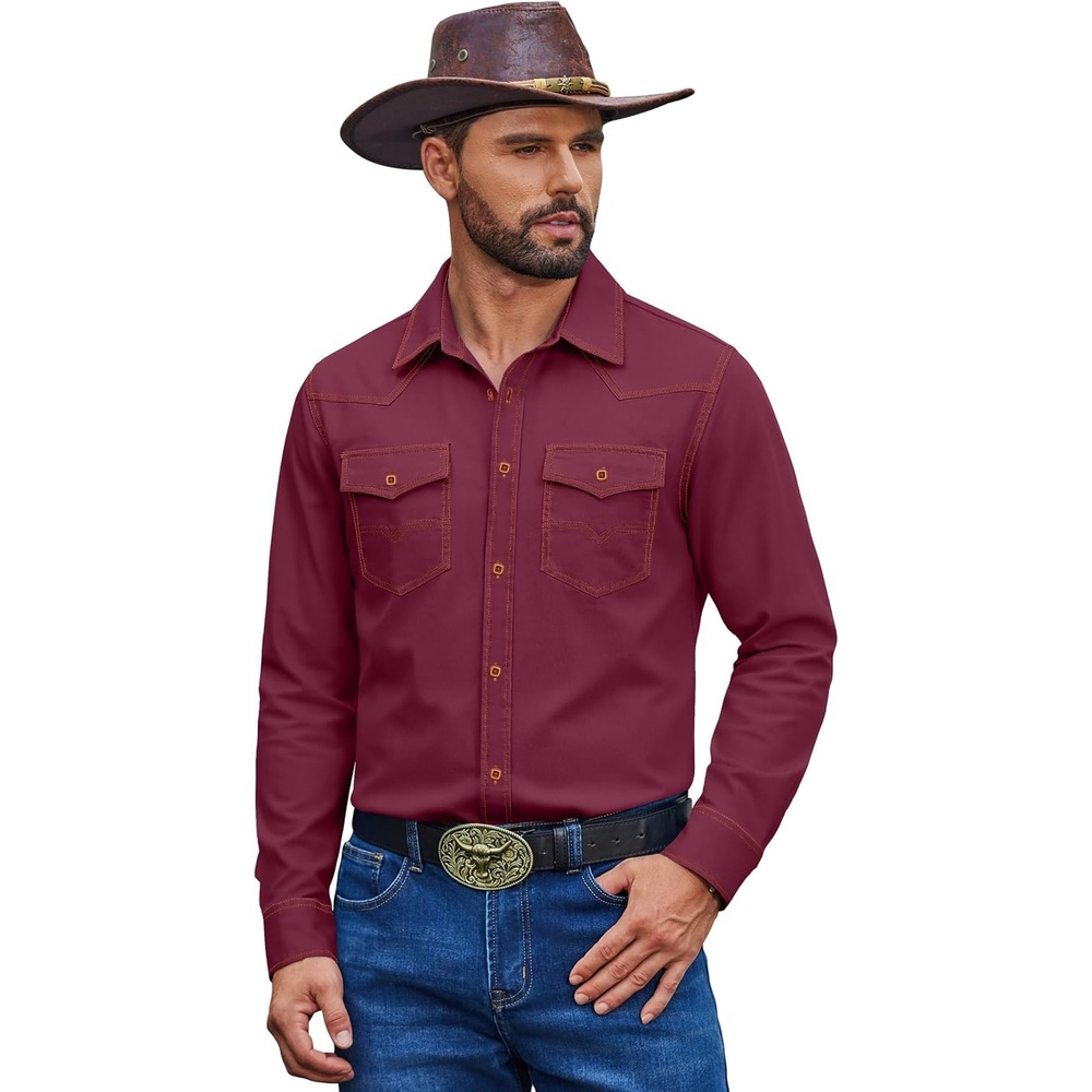 image:imageCOOFANDY Mens Long Sleeve Western Shirt Cowboy Denim Shirt with Two PocketWine Red