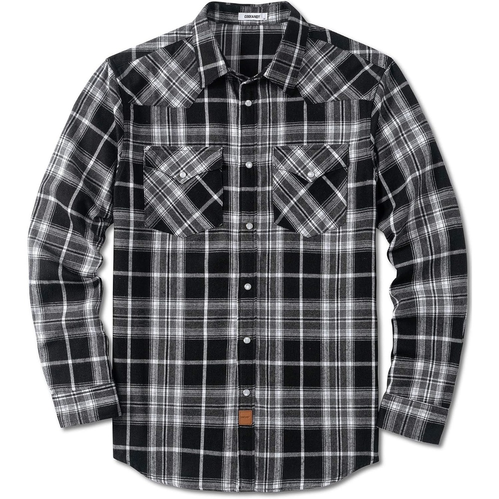 image:imageCOOFANDY Mens Plaid Flannel Shirts Long Sleeve Western Pearl Snap Shirts Fall Button Down Shirt for MenBlack Grey