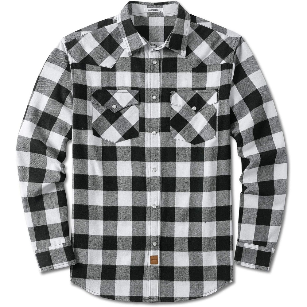 image:imageCOOFANDY Mens Plaid Flannel Shirts Long Sleeve Western Pearl Snap Shirts Fall Button Down Shirt for MenBlack White