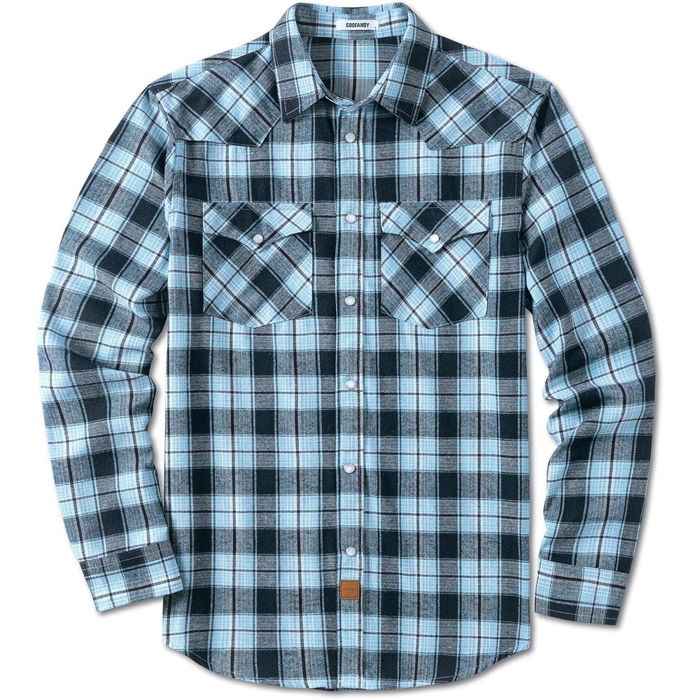 image:imageCOOFANDY Mens Plaid Flannel Shirts Long Sleeve Western Pearl Snap Shirts Fall Button Down Shirt for MenBlue Black