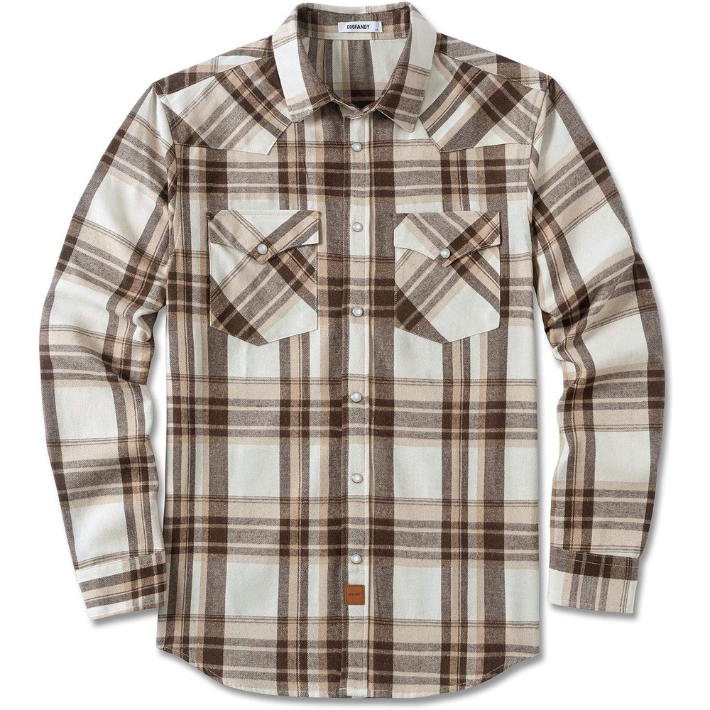 image:imageCOOFANDY Mens Plaid Flannel Shirts Long Sleeve Western Pearl Snap Shirts Fall Button Down Shirt for MenBrown Grey