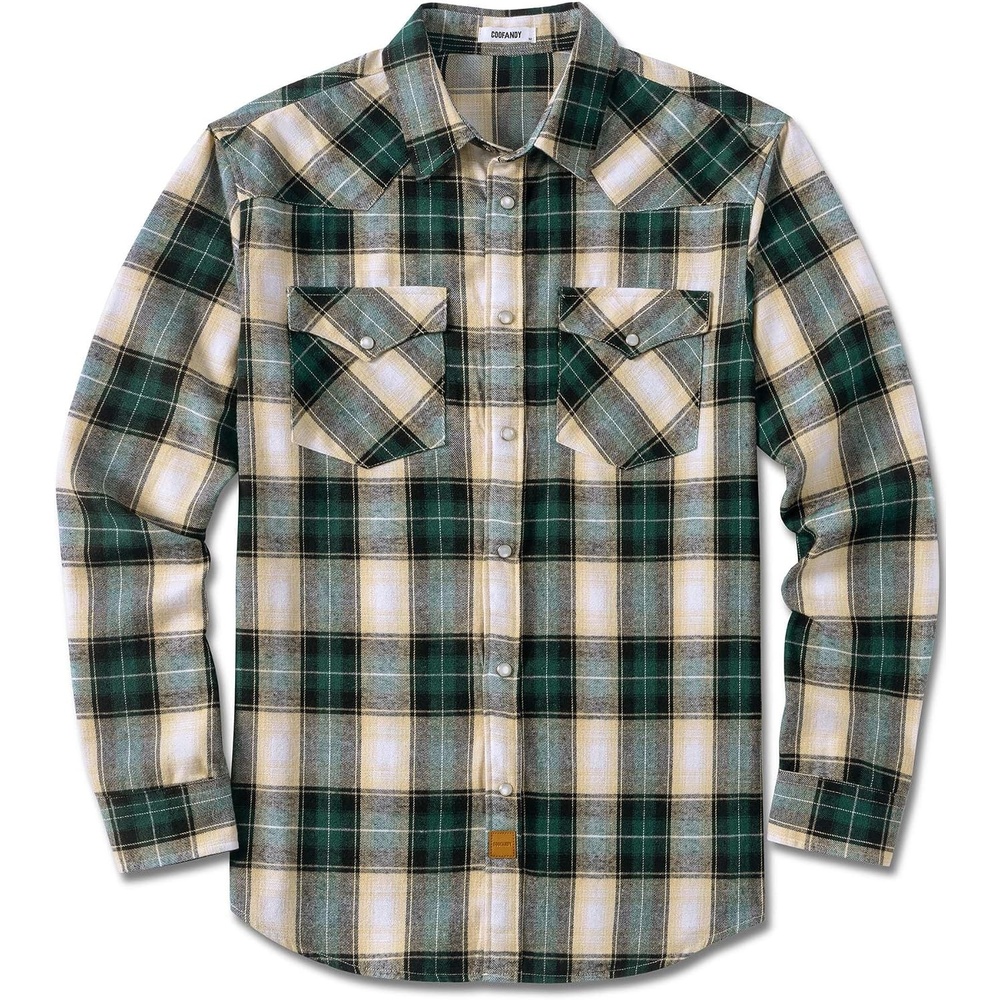 image:imageCOOFANDY Mens Plaid Flannel Shirts Long Sleeve Western Pearl Snap Shirts Fall Button Down Shirt for MenGreen Beige