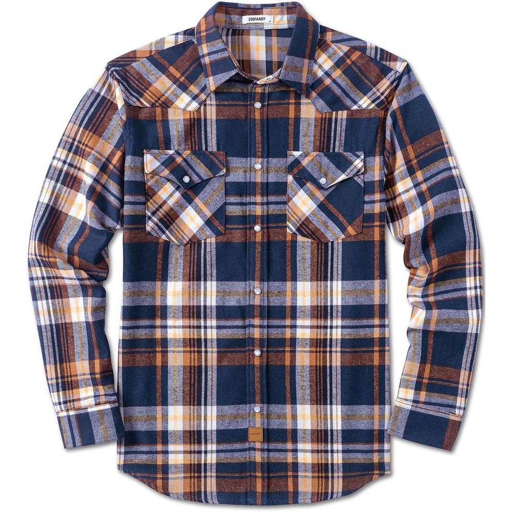 image:imageCOOFANDY Mens Plaid Flannel Shirts Long Sleeve Western Pearl Snap Shirts Fall Button Down Shirt for MenNavy Orange