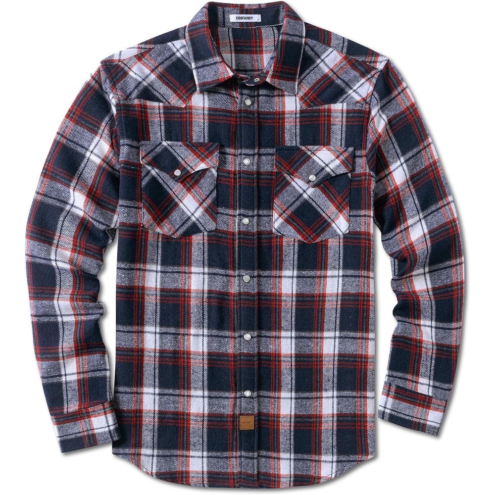 image:imageCOOFANDY Mens Plaid Flannel Shirts Long Sleeve Western Pearl Snap Shirts Fall Button Down Shirt for MenNavy Red