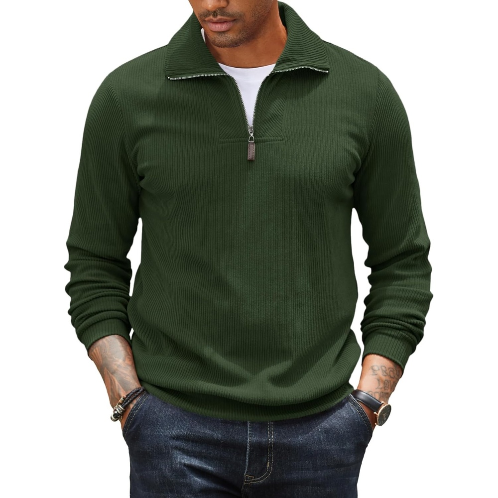 image:imageCOOFANDY Mens Soft Quarter Zip Pullover Mock Neck Corduroy SweatshirtArmy Green