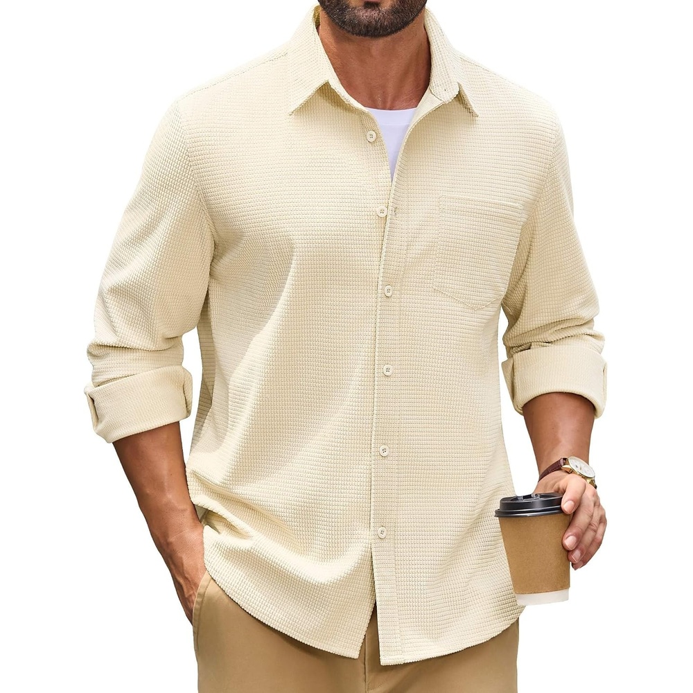 image:imageCOOFANDY Mens Waffle Button Down Shirt Jacket Casual Long Sleeve Shacket with PocketCaramel