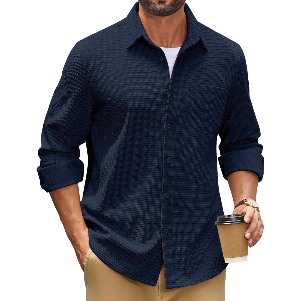 image:imageCOOFANDY Mens Waffle Button Down Shirt Jacket Casual Long Sleeve Shacket with PocketNavy Blue