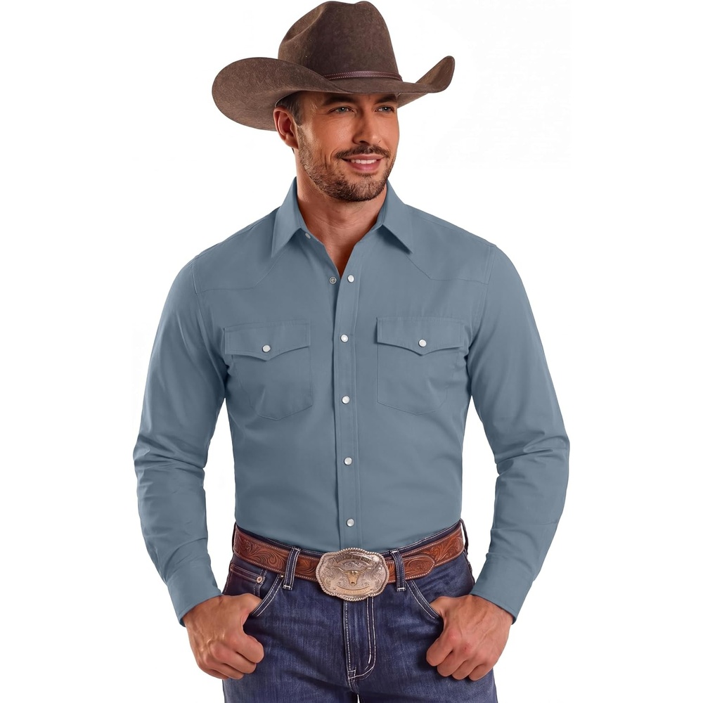 image:imageCOOFANDY Mens Western Cowboy Shirts Casual Button Down Shirt Long SleeveGrey Blue