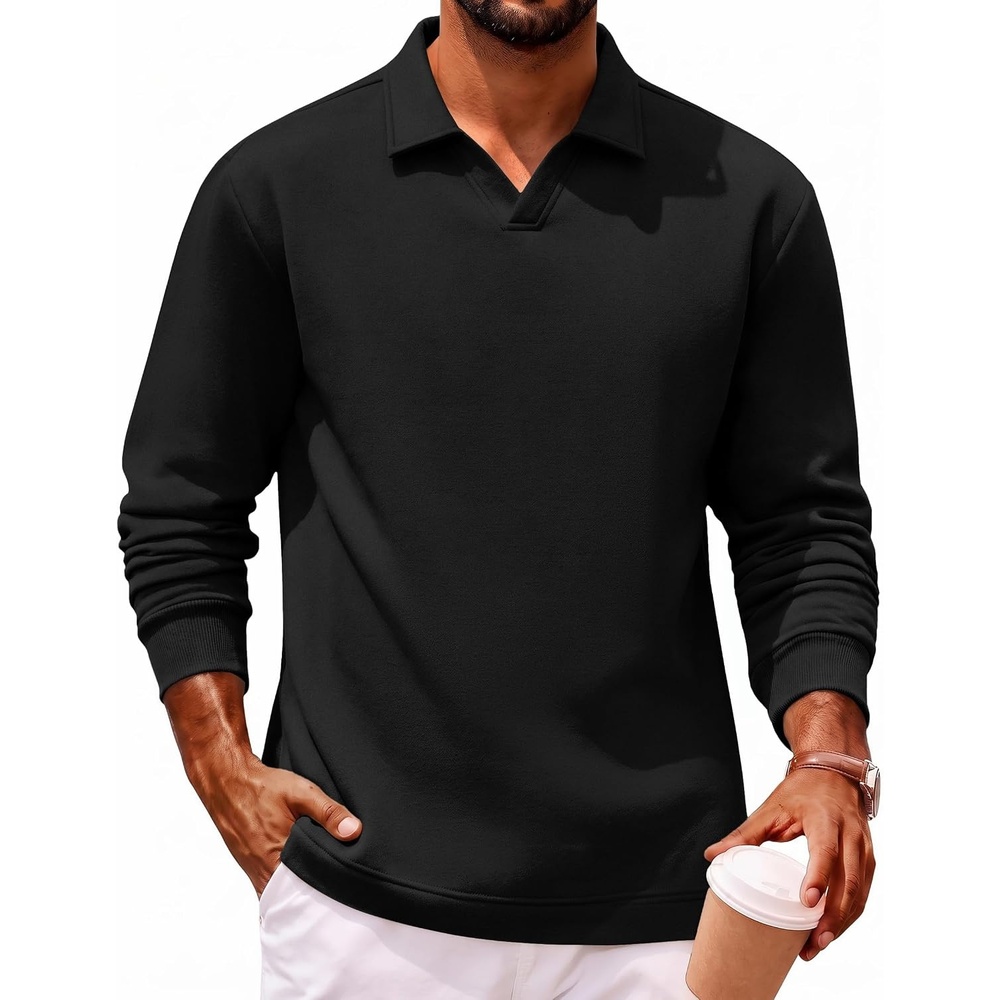 image:imageCOOFANDY Polo Shirts for Men Heavyweight Cotton V Neck Long SleeveBlack