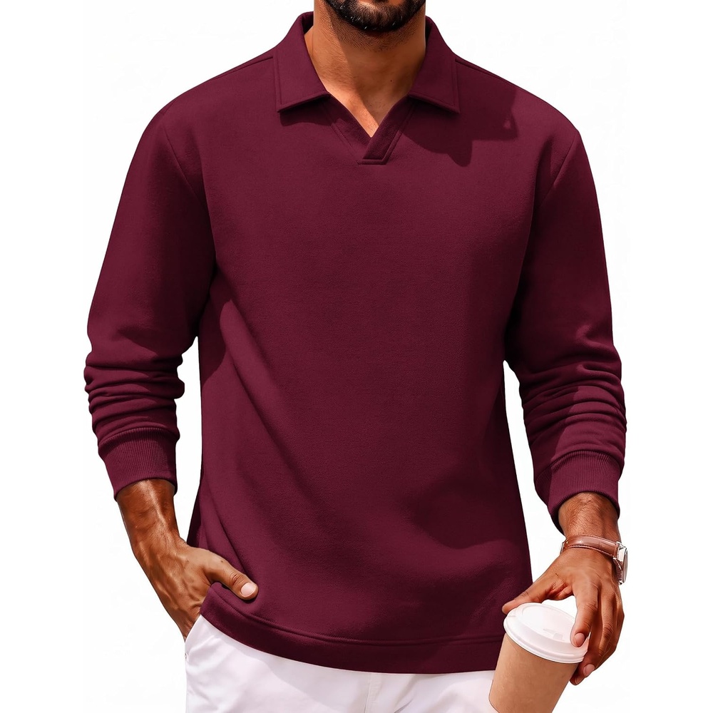 image:imageCOOFANDY Polo Shirts for Men Heavyweight Cotton V Neck Long SleeveDark Red