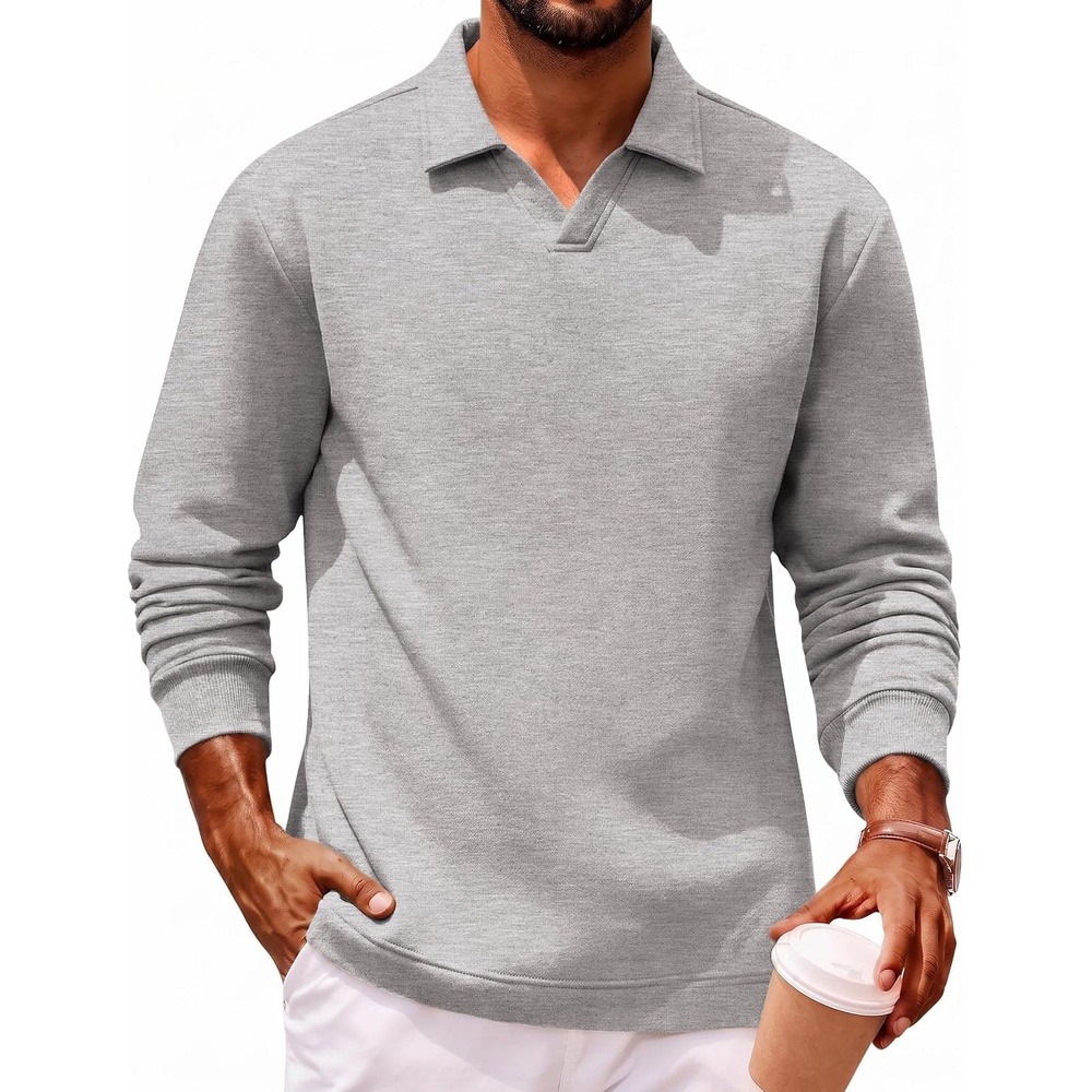 image:imageCOOFANDY Polo Shirts for Men Heavyweight Cotton V Neck Long SleeveLight Grey