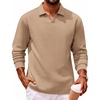 COOFANDY Polo Shirts for Men Heavyweight Cotton V Neck Long Sleeve(Khaki)