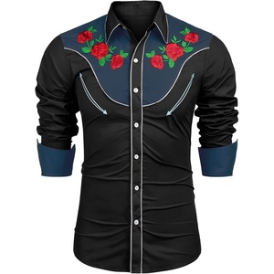 COOFANDY Men’s Cowboy Shirtss Embroidered Rose Design Shirts Western Long Sleeve Button Down Shirts(Black (Retro Rose))