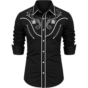 COOFANDY Men’s Cowboy Shirtss Embroidered Rose Design Shirts Western Long Sleeve Button Down Shirts(Black (White Rose）)