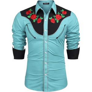 COOFANDY Men’s Cowboy Shirtss Embroidered Rose Design Shirts Western Long Sleeve Button Down Shirts(Blue (Retro Rose))