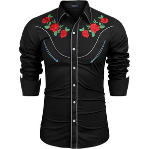COOFANDY Men’s Cowboy Shirtss Embroidered Rose Design Shirts Western Long Sleeve Button Down Shirts(Pure Black (Retro Rose))