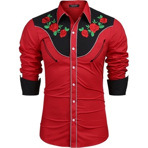 COOFANDY Men’s Cowboy Shirtss Embroidered Rose Design Shirts Western Long Sleeve Button Down Shirts(Red (Retro Rose))