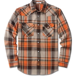 COOFANDY Mens Plaid Flannel Shirts Long Sleeve Western Pearl Snap Shirts Fall Button Down Shirt for Men(Orange Grey)