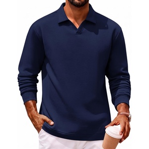 COOFANDY Polo Shirts for Men Heavyweight Cotton V Neck Long Sleeve(A-navy Blue)