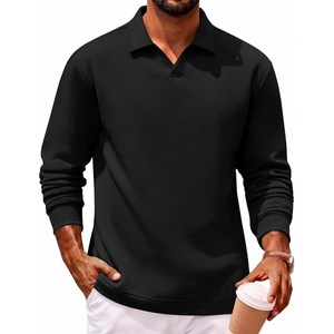 COOFANDY Polo Shirts for Men Heavyweight Cotton V Neck Long Sleeve(Black)