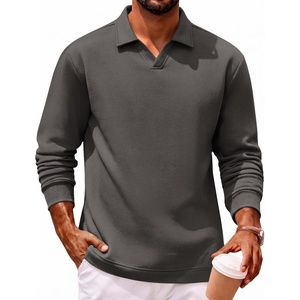 COOFANDY Polo Shirts for Men Heavyweight Cotton V Neck Long Sleeve(Dark Grey)