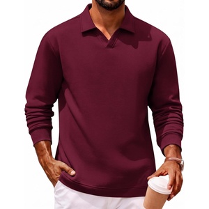 COOFANDY Polo Shirts for Men Heavyweight Cotton V Neck Long Sleeve(Dark Red)