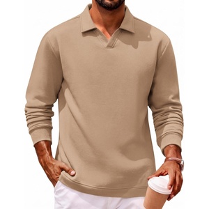 COOFANDY Polo Shirts for Men Heavyweight Cotton V Neck Long Sleeve(Khaki)