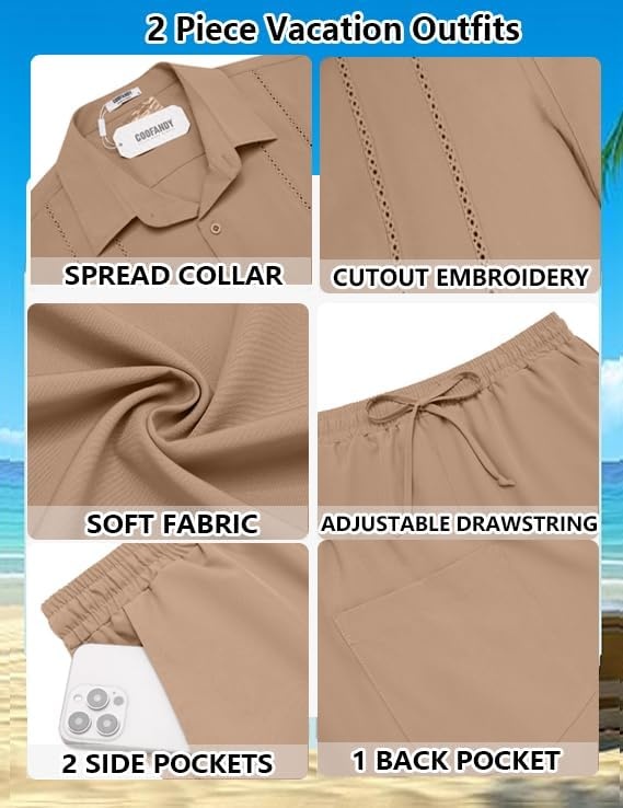 image:imageCOOFANDY Mens 2 Piece Outfits Cuban Guayabera Shirts and Shorts Summer SetKhaki