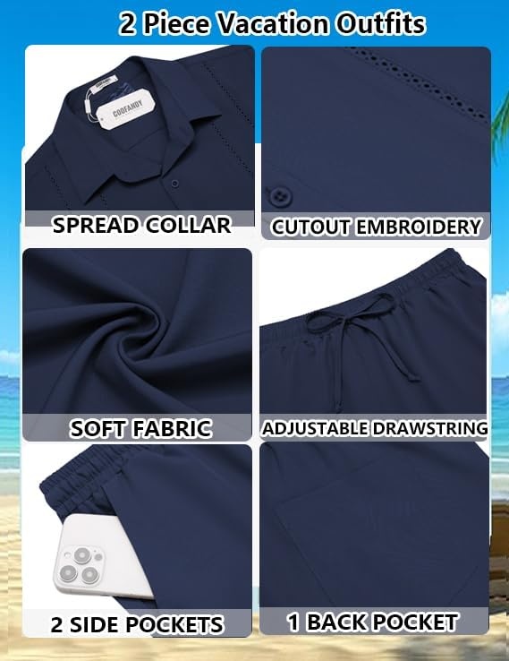 image:imageCOOFANDY Mens 2 Piece Outfits Cuban Guayabera Shirts and Shorts Summer SetNavy Blue