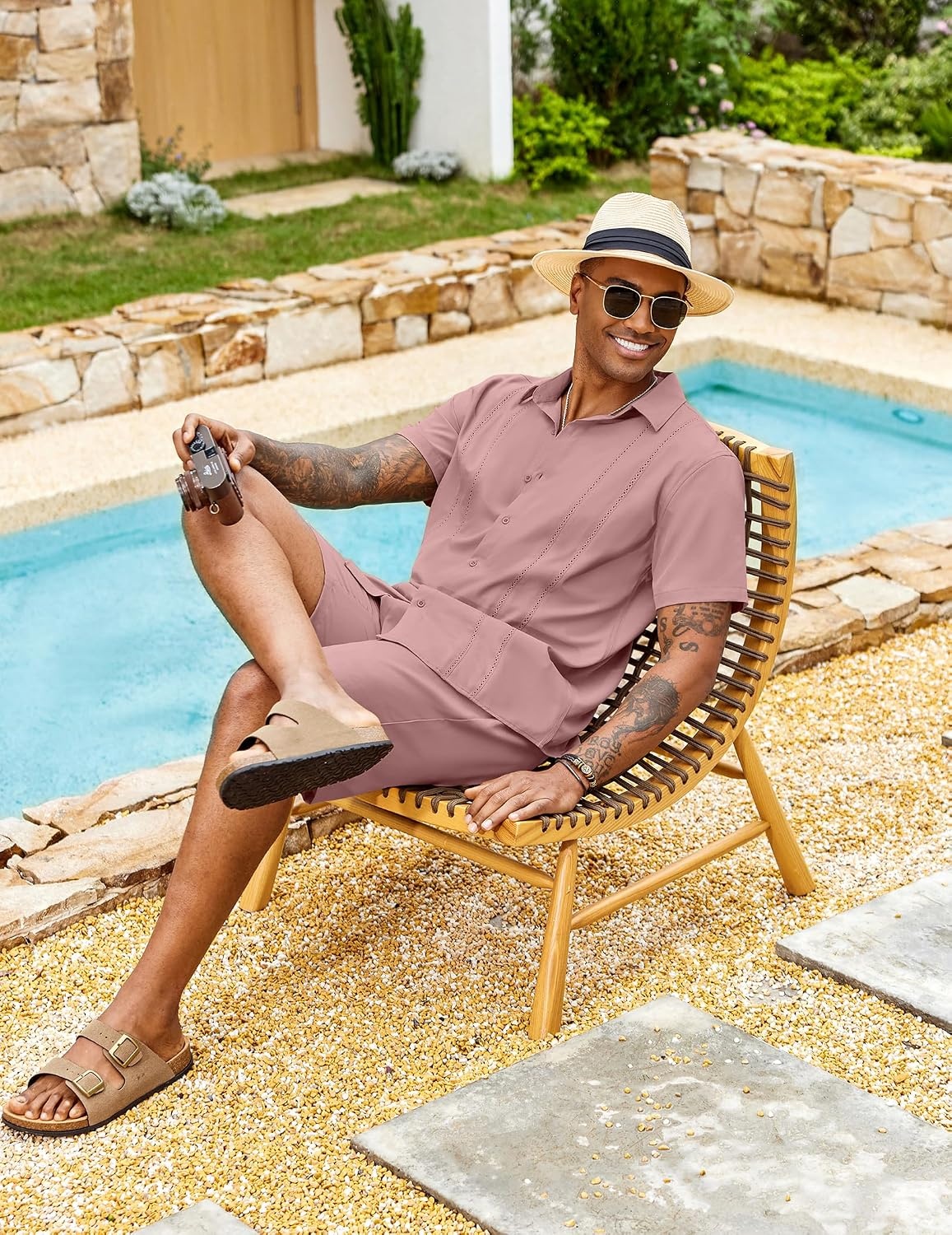 image:imageCOOFANDY Mens 2 Piece Outfits Cuban Guayabera Shirts and Shorts Summer SetPink