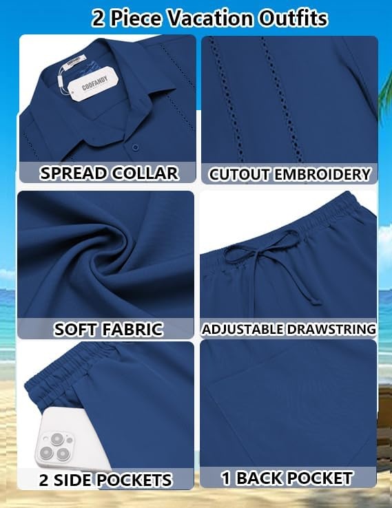 image:imageCOOFANDY Mens 2 Piece Outfits Cuban Guayabera Shirts and Shorts Summer SetRoyal Blue