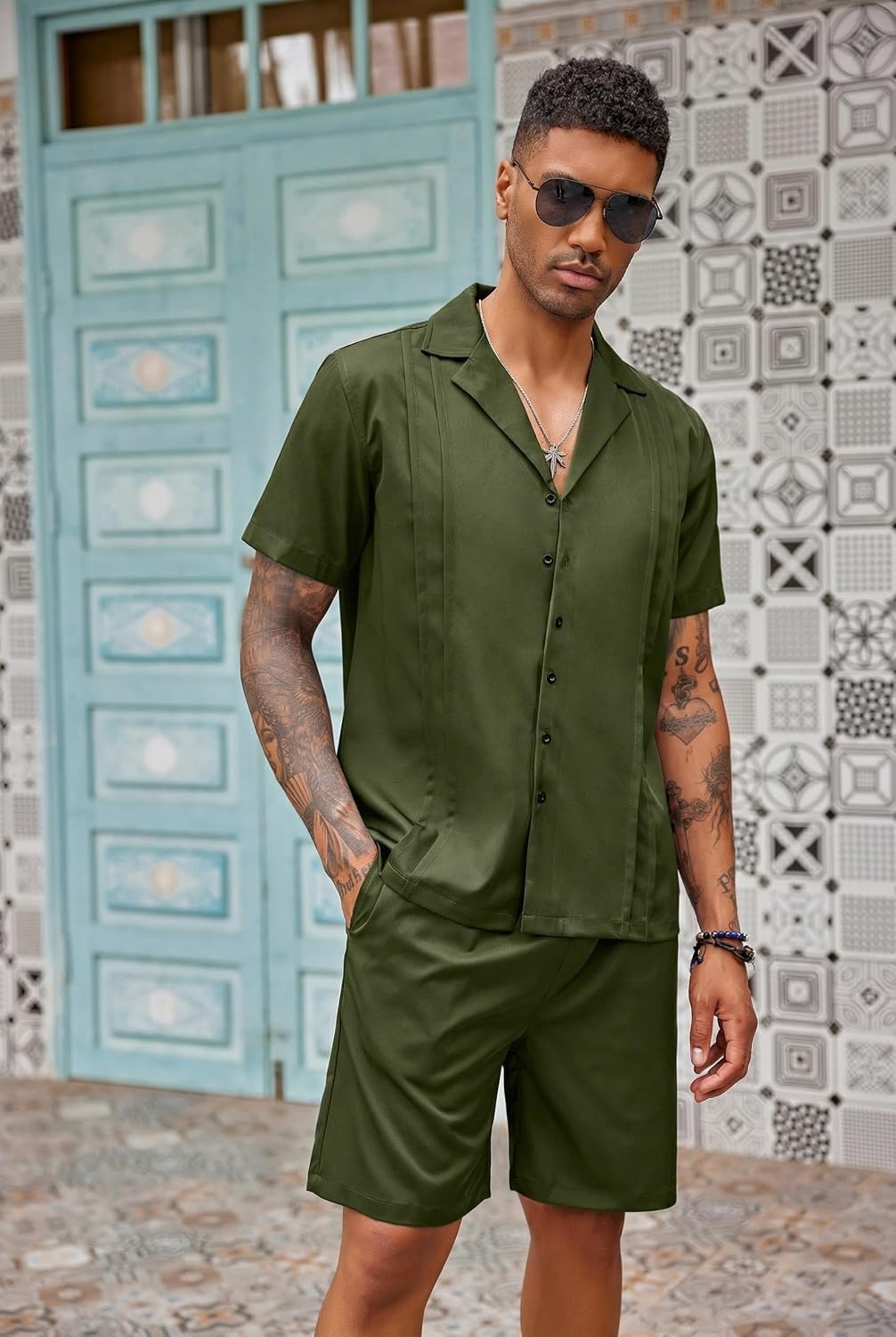 image:imageCOOFANDY Mens 2 Piece Short Set Guayabera Button Down Shirt Casual OutfitsArmy Green
