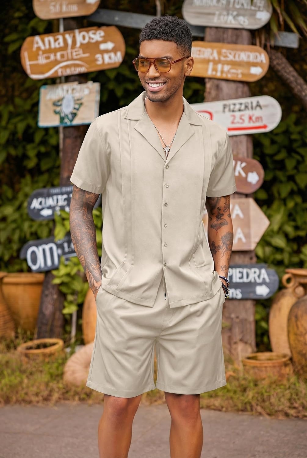 image:imageCOOFANDY Mens 2 Piece Short Set Guayabera Button Down Shirt Casual OutfitsBeige