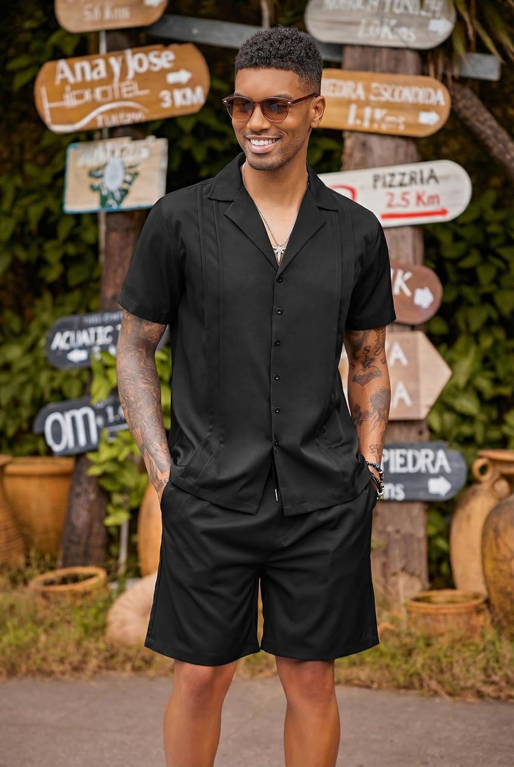image:imageCOOFANDY Mens 2 Piece Short Set Guayabera Button Down Shirt Casual OutfitsBlack