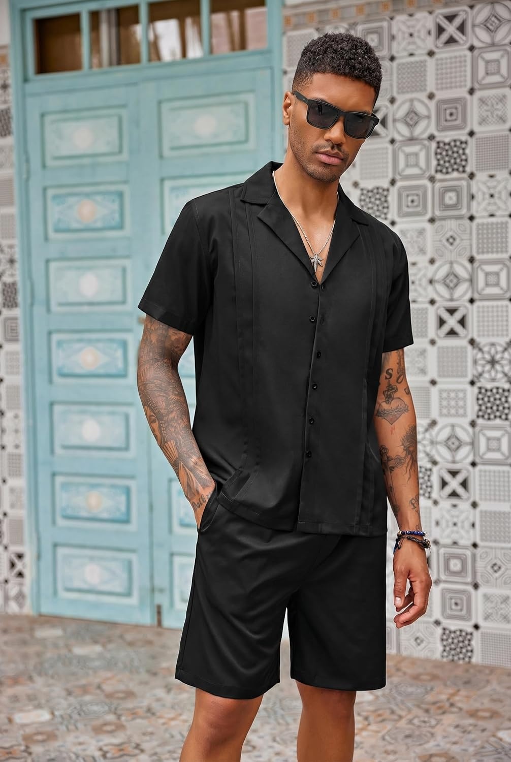 image:imageCOOFANDY Mens 2 Piece Short Set Guayabera Button Down Shirt Casual OutfitsBlack