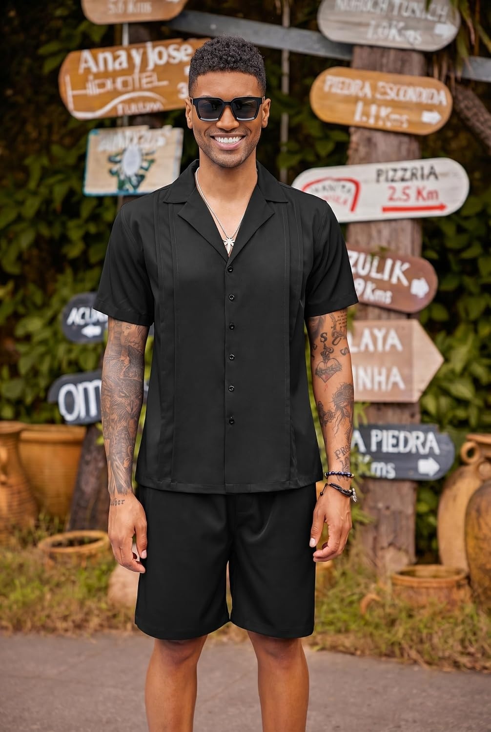 image:imageCOOFANDY Mens 2 Piece Short Set Guayabera Button Down Shirt Casual OutfitsBlack